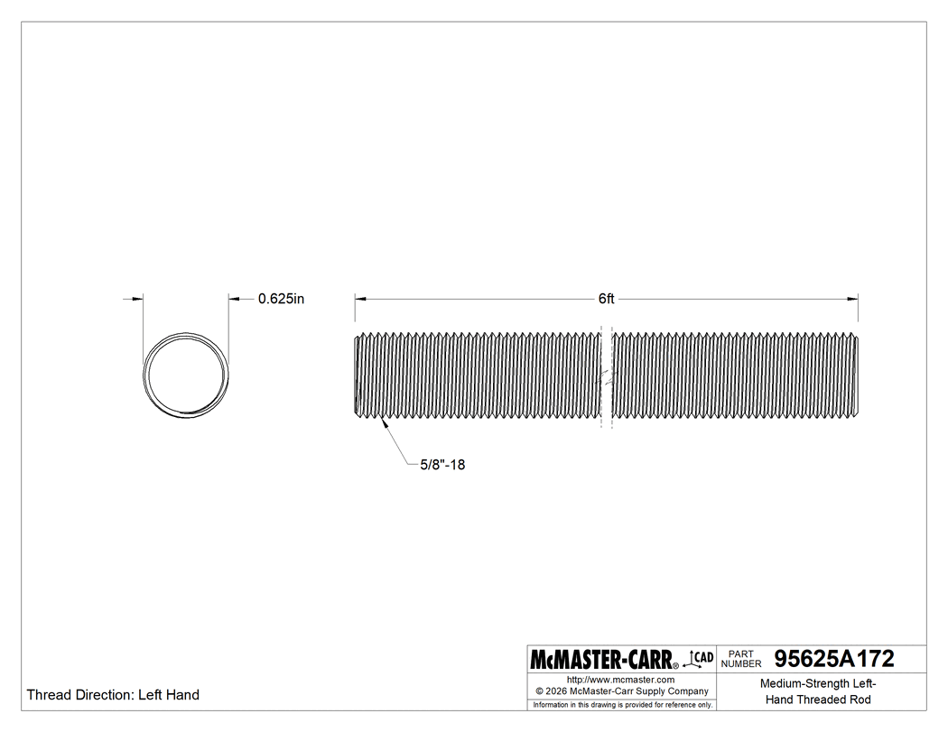 Technical Drawing of Medium-Strength Left-Hand Threaded Rod, Grade B7 Steel, 5/8"-18 Thread Size, 6 Feet Long.